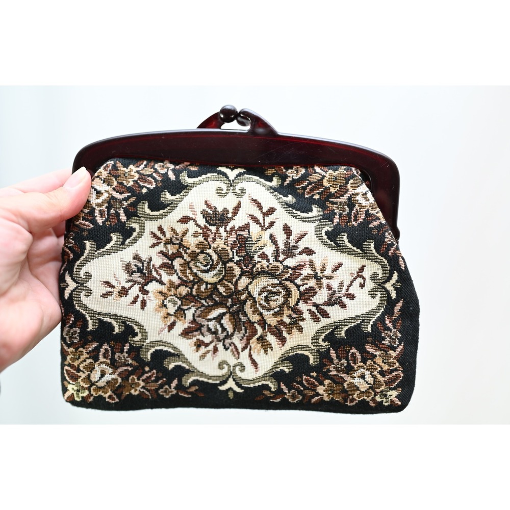 Vintage Fine Arts Tapestry Clutch Floral Needlepoint Faux Tortoise Kiss Lock Bag
